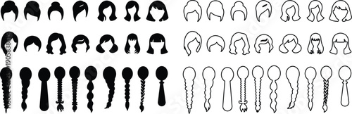 Hairstyle Flat Line Style Vector Icon Set, Woman Haircut Symbol Collection and Beauty Salon Outline Graphic Group Featuring Black Female Hairstyle, Hairdo and Coiffure