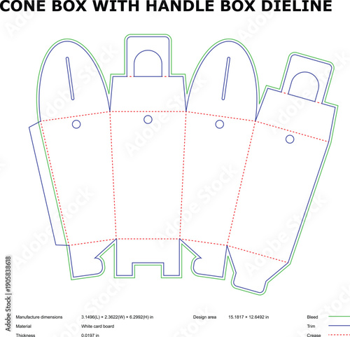A technical drawing of a cone box with handle box die line on a white background