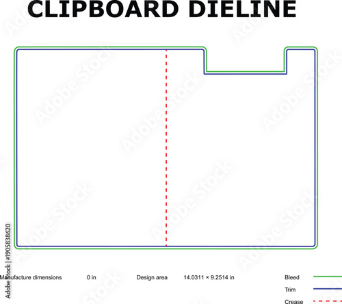 A technical diagram of a clipboard die line with precise measurements and design specifications.