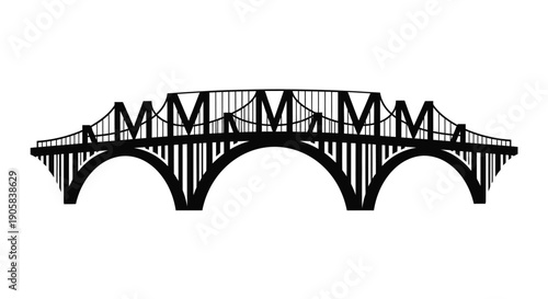 Black silhouette of a multi-arched suspension bridge structure is isolated on a white background.