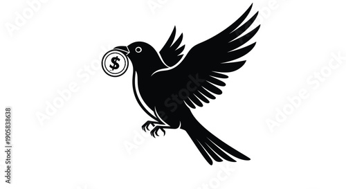 Bird silhouette carrying a circular coin embossed with a dollar sign in its beak design.