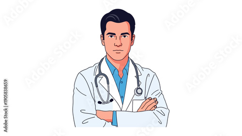 Confident Healthcare Professional: A focused doctor, embodying knowledge and trust, stands with arms crossed, exuding reassurance and dedication within a medical setting.