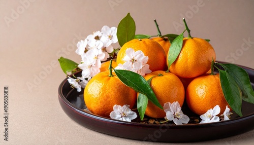 Fresh Oranges with Flowers on Dark Plate.