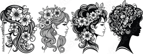 Black and white of women's heads with floral hair adornments line women's heads profiles flowers