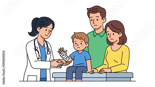 Medical Attention & Parental Comfort: A caring medical professional attends to a young patient with a bandaged arm, offering comfort while the child's parents provide supportive presence.
