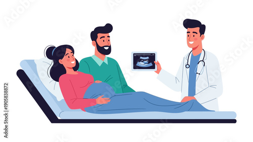 The Expectant Journey: A tender scene of a soon-to-be mother and her partner sharing a moment of anticipation with a medical professional, who is showing the ultrasound image to them.