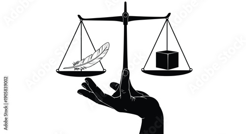 Hand holds a balance scale comparing a light feather against a heavy dark cube representing weight.