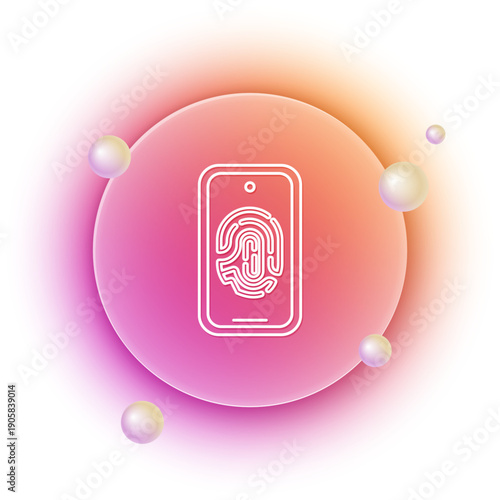 White Smartphone with fingerprint scanner icon isolated on white background. Concept of security, personal access via finger on mobile. Orange and pink gradient circle background. Vector