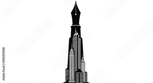 Skyscraper buildings merge into the nib of an upright fountain pen symbolizing writing.