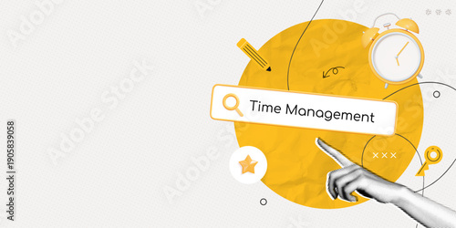 Trendy Halftone Collage Time Management concept. Yellow search bar with hand and alarm clock. Efficient work process organization. Business planning. Contemporary vector illustration art