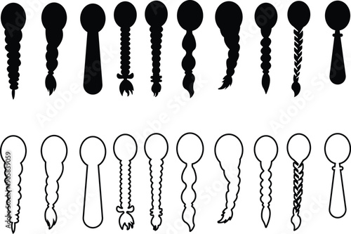 Hairstyle Flat Line Style Vector Icon Set, Woman Haircut Symbol Collection and Beauty Salon Outline Graphic Group Featuring Black Female Hairstyle, Hairdo and Coiffure