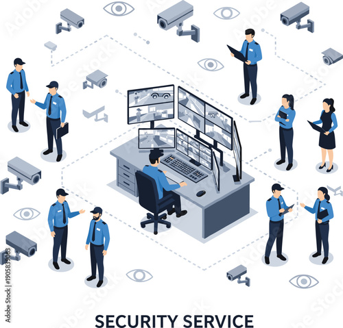 Security service isometric concept with CCTV cameras monitoring team and control room