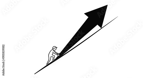 Small person pushes a large upward arrow along a steep diagonal line symbolizing effort.