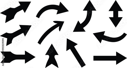 Directional arrows icon set showing straight and curved movement, navigation flow, up down turns, black vector illustration collection