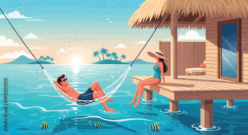 Couple relaxing at overwater bungalow resort at sunset