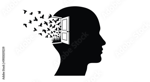 Silhouette of a human head shows birds flying out of an open door representing freedom.