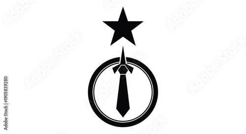 Stylized icon combines a rocket ship and a necktie beneath a large five-pointed star in a circle.