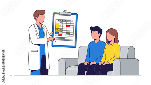Medical Consultation: A doctor is advising a couple about their medical results, with the goal of explaining the data on the clipboard. This interaction seeks to build a connection of trust.