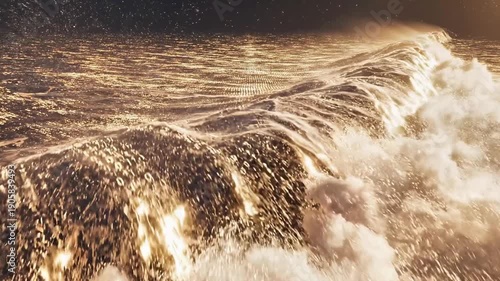 A large wave crashes over rows of computer codes on a digital screen