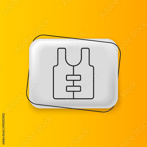 Black Life jacket icon isolated on yellow background. Life vest icon. Extreme sport. Sport equipment. Silver rectangle button. Vector