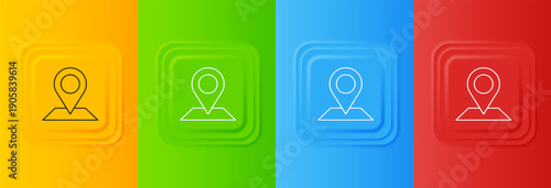 White Map pin icon isolated on colorful background. Navigation, pointer, location, map, gps, direction, place, compass, search concept. Set icons in square buttons. Vector