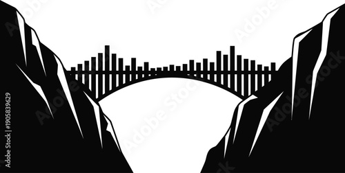 Bridge graphic connects two steep canyon walls above a wide empty chasm symbolizing connection.