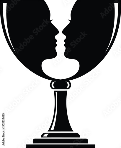 Wine glass silhouette cleverly conceals two facing human profiles suggesting relationship dynamics.
