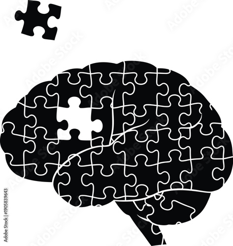 Human brain profile constructed from black puzzle pieces with one missing piece floating above.