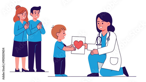 Heartfelt Care: A heartwarming illustration depicts a young child gifting a vibrant heart drawing to a dedicated doctor, supported by loving parents. Expressing compassion and gratitude for health.