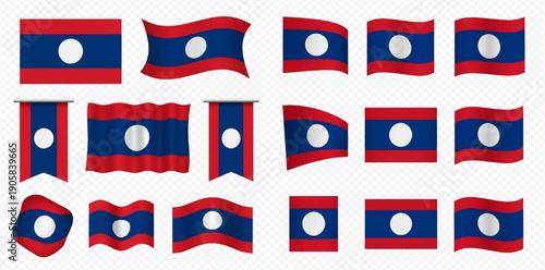 Laos flag vector set in various shapes and styles, including waving, hanging, and flat designs, isolated on a transparent background.