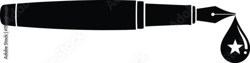 Fountain pen icon drips black ink with a star shape on a white background.