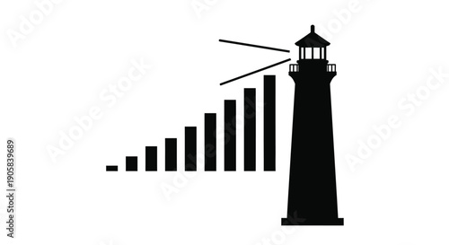 Lighthouse structure stands beside a rising bar graph illustrating signal strength progression upward.