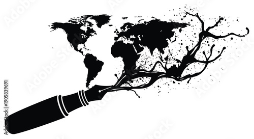 Ink flowing from a stylized fountain pen tip creates a splatter map silhouette of the world.