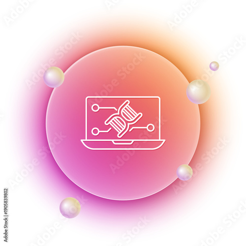 White Genetic engineering modification on laptop icon isolated on white background. DNA analysis, genetics testing, cloning. Orange and pink gradient circle background. Vector