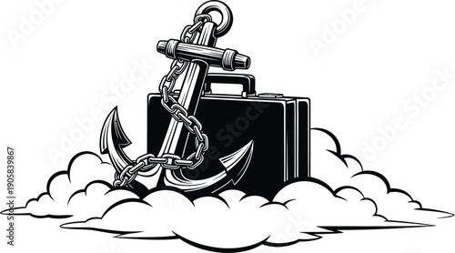 Large metal anchor and heavy chain rest upon a professional briefcase floating in clouds.