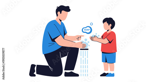 Hygiene Lesson: A father guides his son through the proper technique of handwashing, instilling healthy habits with care and instruction.
