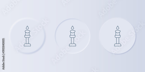 Grey Burning candle icon isolated on grey background. Cylindrical aromatic candle stick with burning flame. Happy Halloween party. Set icons in square buttons. Vector