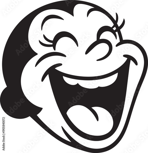 Laughing retro cartoon face with closed eyes and wide open mouth expressing joy and humor