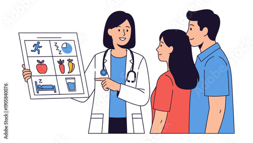Healthcare Consultation: A medical professional offers personalized guidance to a couple, presenting a dietary and lifestyle plan for health improvement and wellness. 
