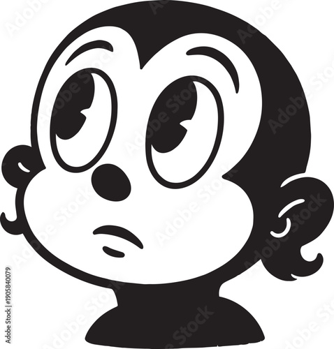 Curious vintage cartoon character face looking up with wide eyes and innocent expression black line
