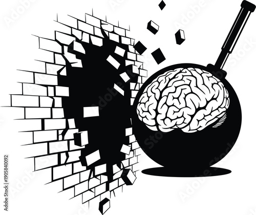 Brain contained within a wrecking ball demolishes a solid brick wall with force.