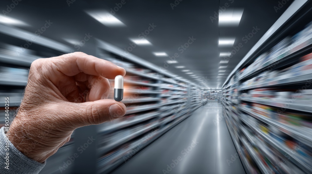 custom made wallpaper toronto digitalPerson holds a pill in a pharmacy aisle filled with various medicine packages