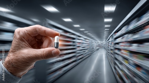 Wallpaper Mural Person holds a pill in a pharmacy aisle filled with various medicine packages Torontodigital.ca