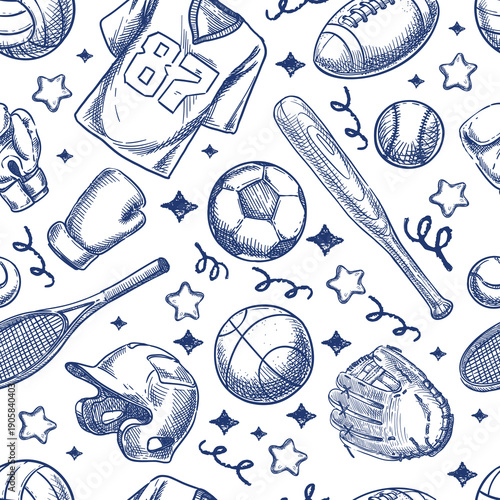 Vector sports sketch seamless pattern. American football, soccer, basketball, baseball, tennis hand drawn equipment