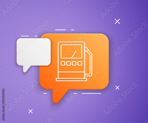 White Petrol or gas station icon isolated on purple background. Car fuel symbol. Gasoline pump. Orange speech bubble symbol. Vector