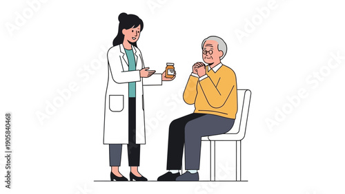 Medical Consultation: A caring doctor provides guidance, offering medication to an older patient, focusing on health and support.