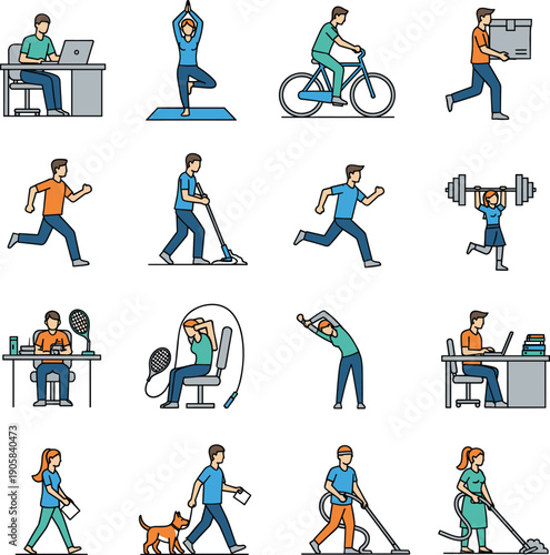 Healthy lifestyle people activities set with running yoga cycling cleaning working and fitness vector