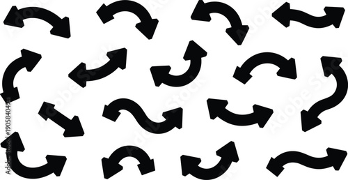 Curved arrows icon set showing direction, rotation, refresh flow, navigation movement, dynamic symbols, black vector illustration collection ui infographic design