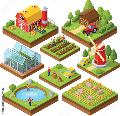 Isometric farm scenes set with barn greenhouse tractor windmill pond and animal pen vector