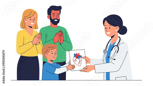 Wellness Dialogue: A doctor and family exchange essential information, building trust and fostering health communication within a caring and supportive environment.